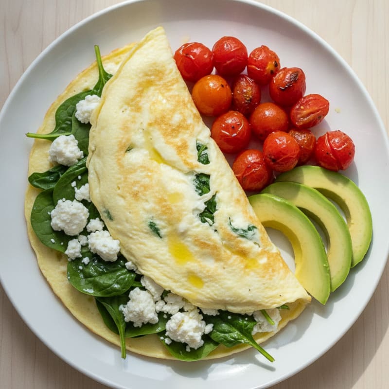 Egg White Spinach Omelette with Cottage Cheese and Cherry Tomatoes