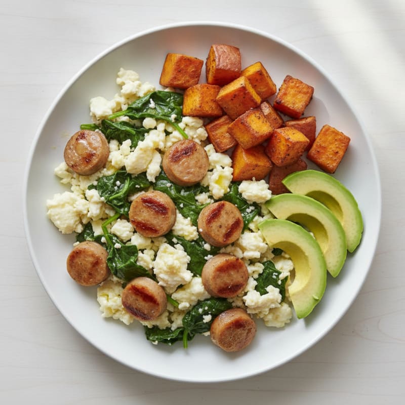 Egg White and Turkey Sausage Scramble with Sautéed Spinach