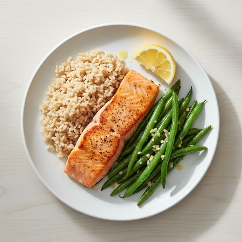 Seared Salmon with Garlic Green Beans and Brown Rice