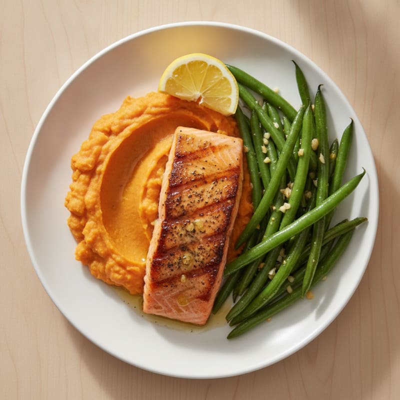 Roasted Salmon with Garlic Green Beans and Sweet Potato Mash