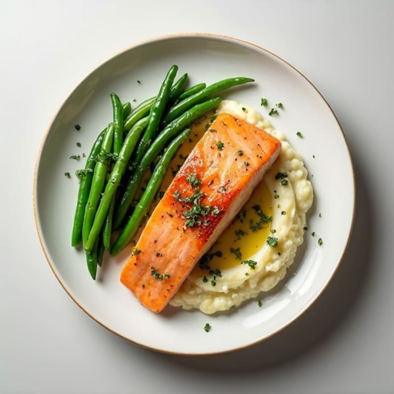 Seared Salmon with Garlic Green Beans and Cauliflower Mash