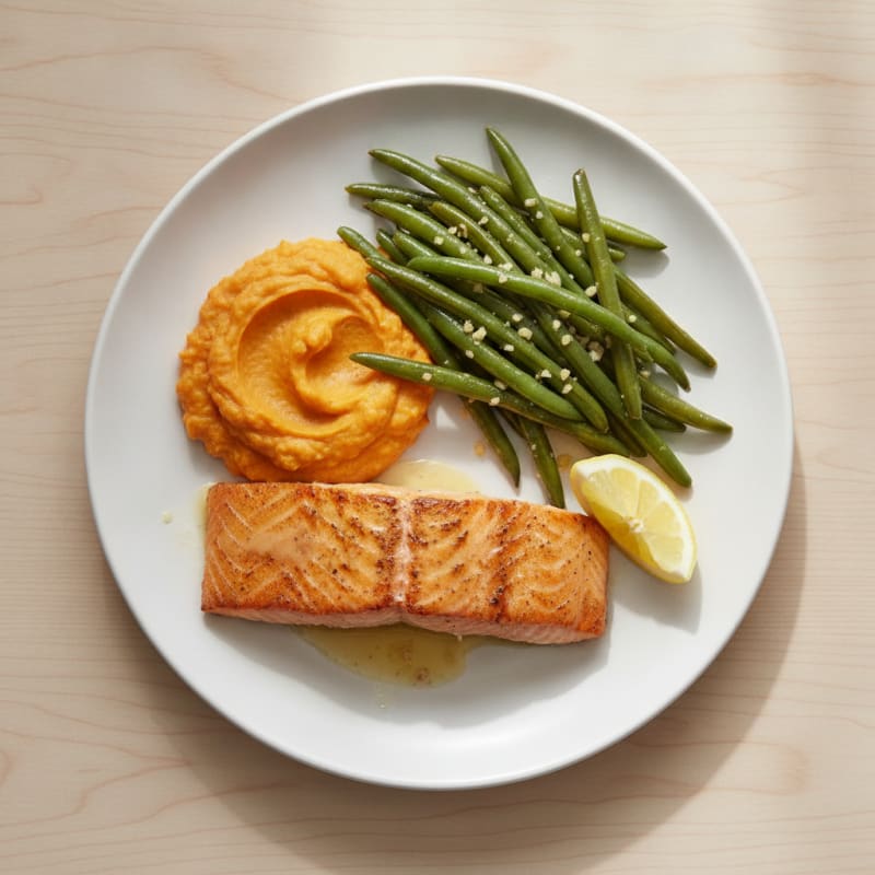 Seared Salmon with Garlic Green Beans and Sweet Potato Mash