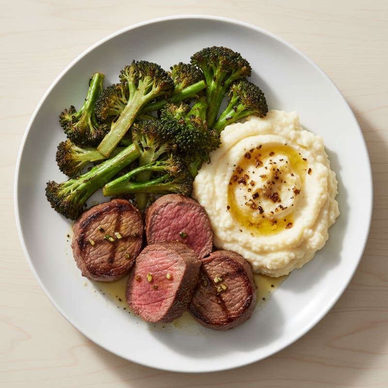 Seared Lean Beef with Roasted Broccoli and Cauliflower Mash