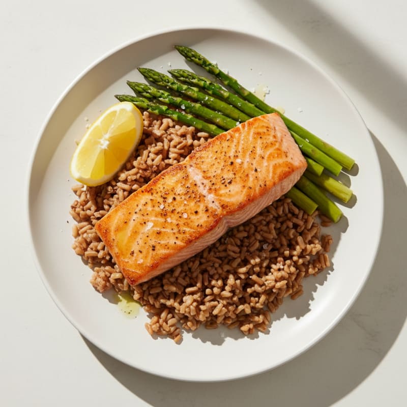 Seared Salmon with Steamed Asparagus and Brown Rice