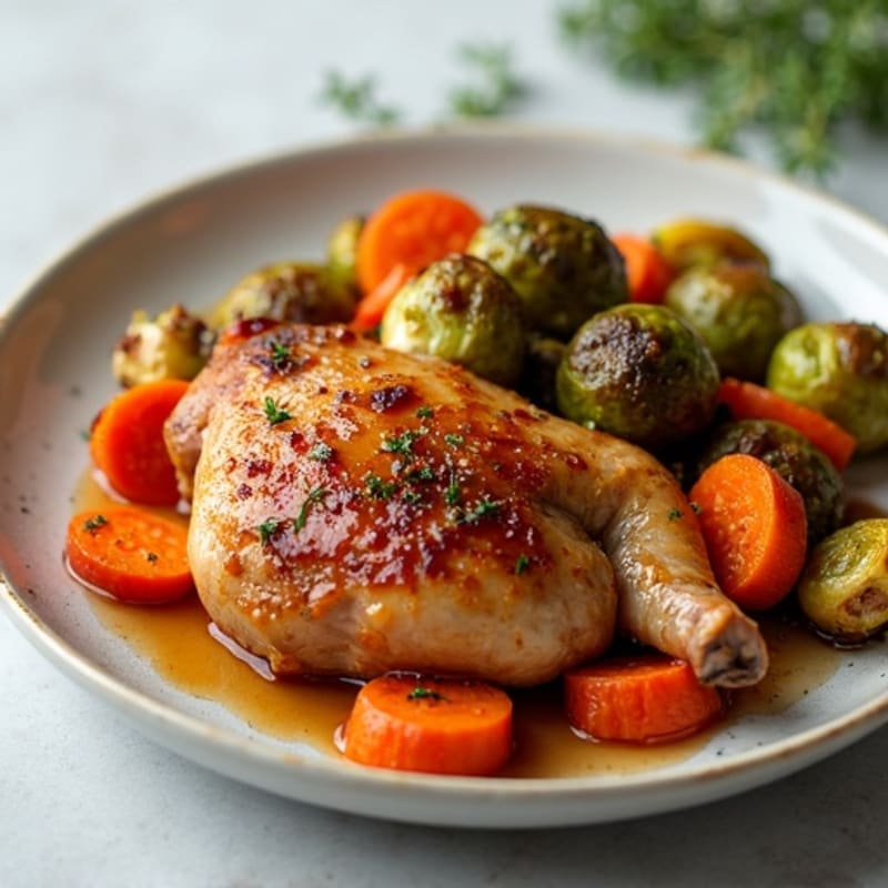 Maple Glazed Chicken Thighs with Roasted Carrots and Crispy Brussels Sprouts