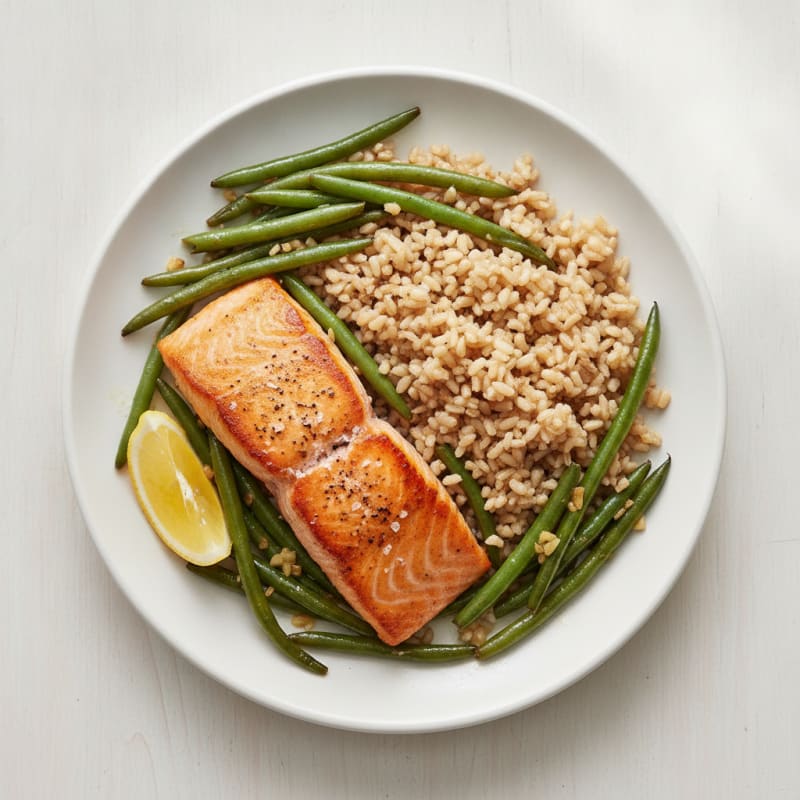 Seared Salmon with Garlic Green Beans and Brown Rice