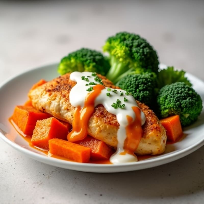 Creamy Buffalo Chicken with Roasted Sweet Potatoes and Broccoli