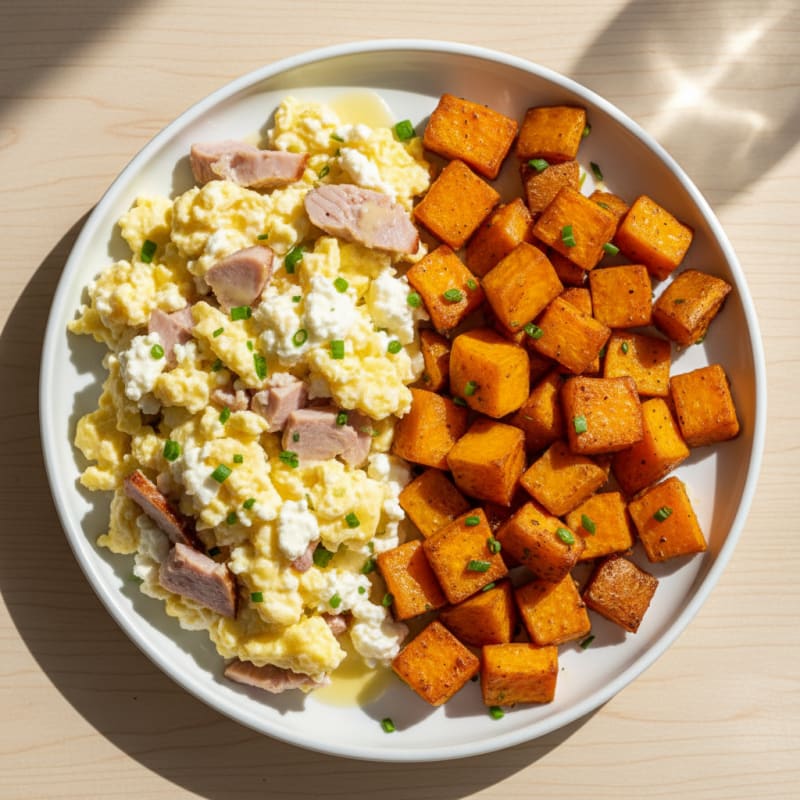 Cottage Cheese Scramble with Smoked Turkey and Roasted Sweet Potatoes