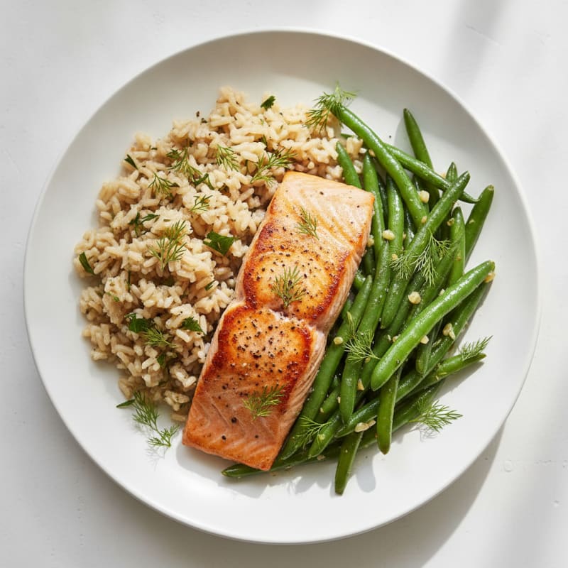 Seared Salmon with Garlic Green Beans and Herbed Brown Rice