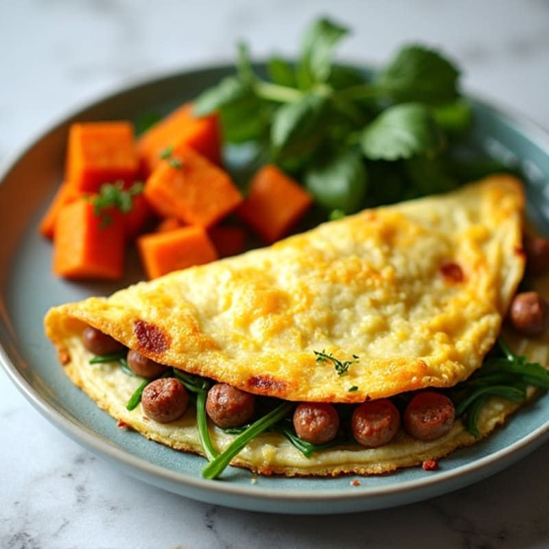 Egg White Omelette with Spinach and Turkey Sausage with Sweet Potato Hash