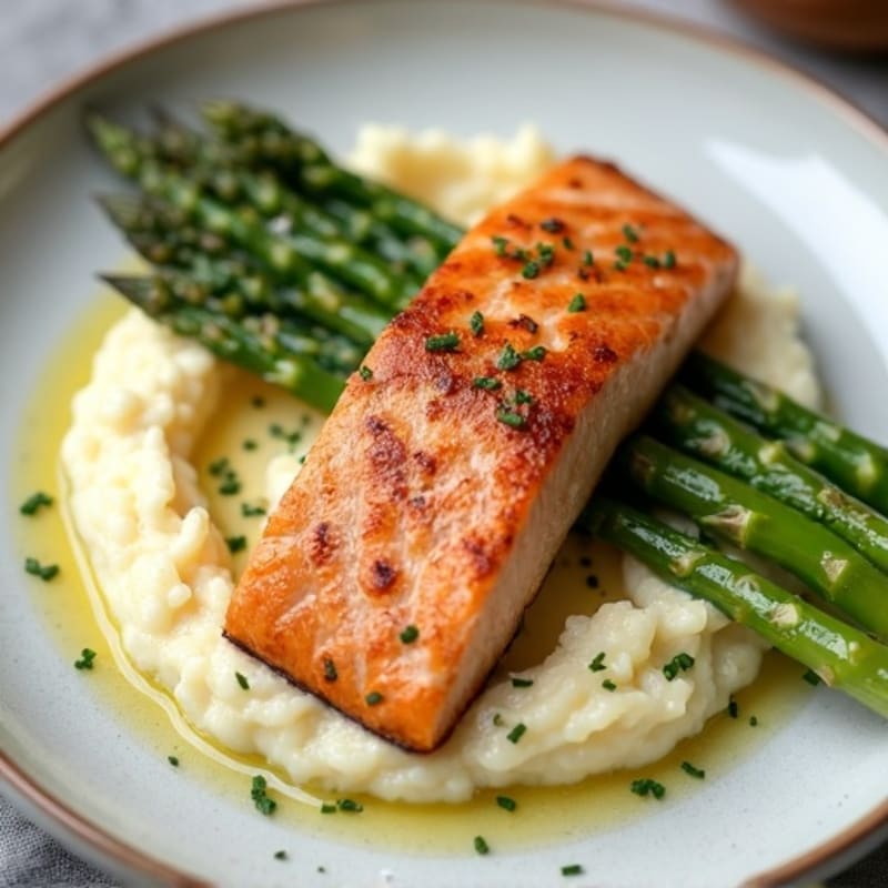 Seared Salmon with Steamed Asparagus and Cauliflower Mash