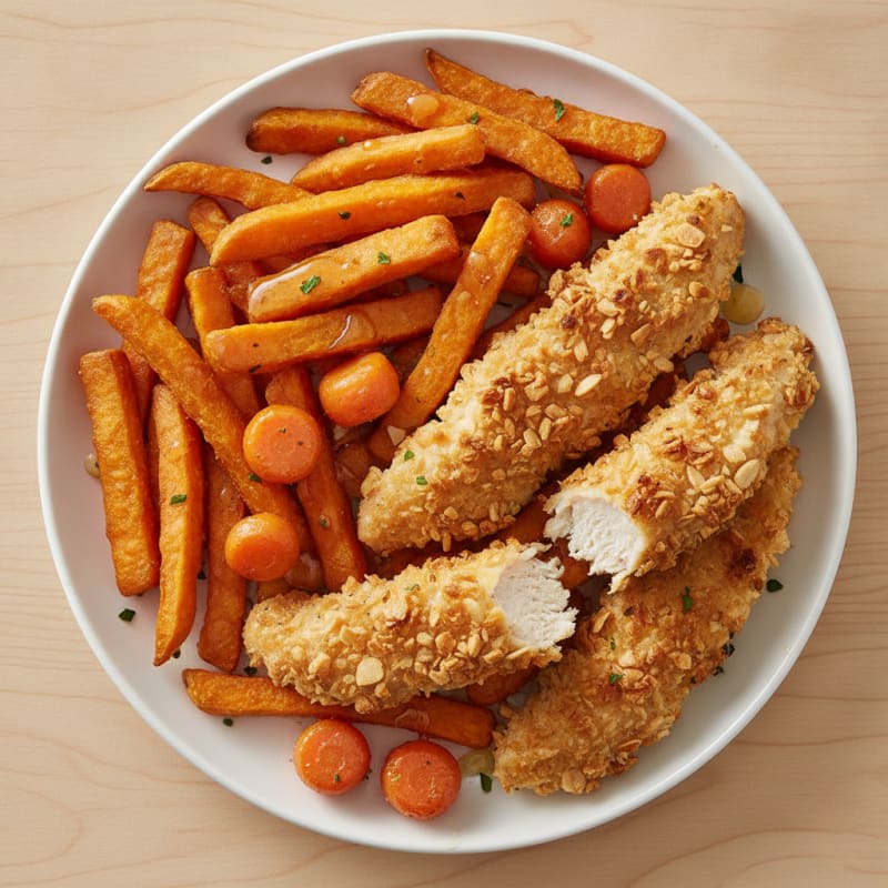 Almond-Crusted Chicken Strips with Sweet Potato Fries