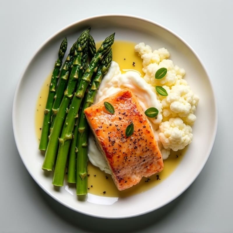 Seared Salmon Fillet with Steamed Asparagus and Cauliflower Mash