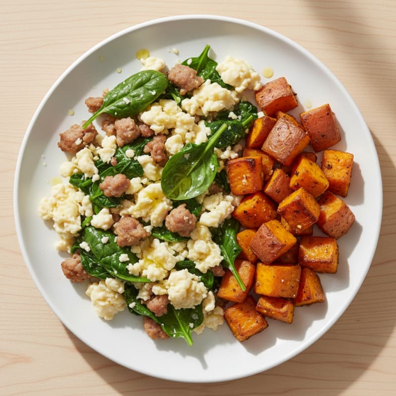 Egg White and Turkey Sausage Scramble with Spinach and Roasted Sweet Potatoes