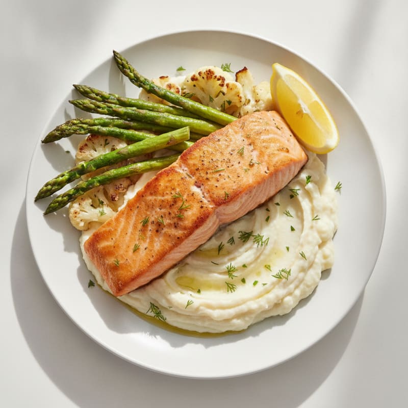 Seared Salmon with Roasted Asparagus and Cauliflower Mash