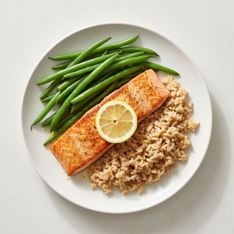 Seared Salmon with Steamed Green Beans and Brown Rice