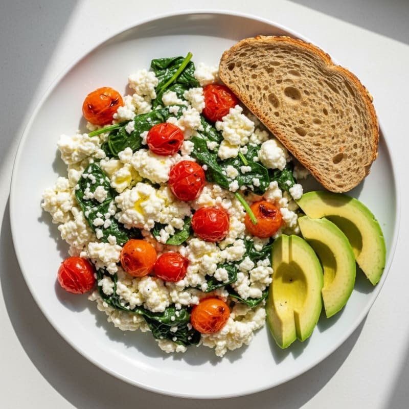 Cottage Cheese Egg White Scramble with Spinach and Cherry Tomatoes