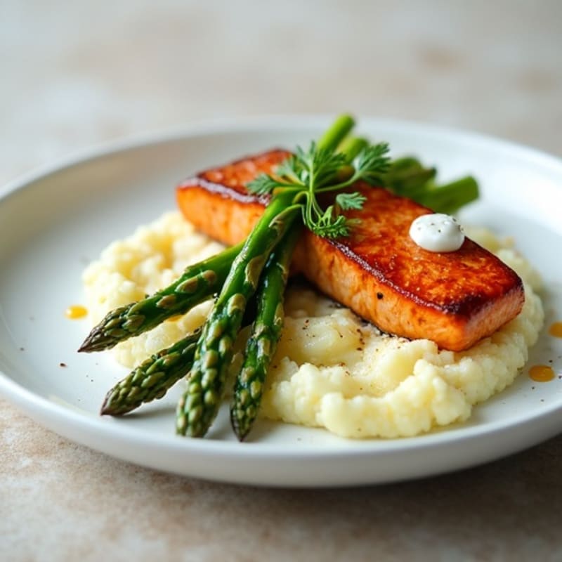 Seared Salmon with Asparagus and Cauliflower Mash