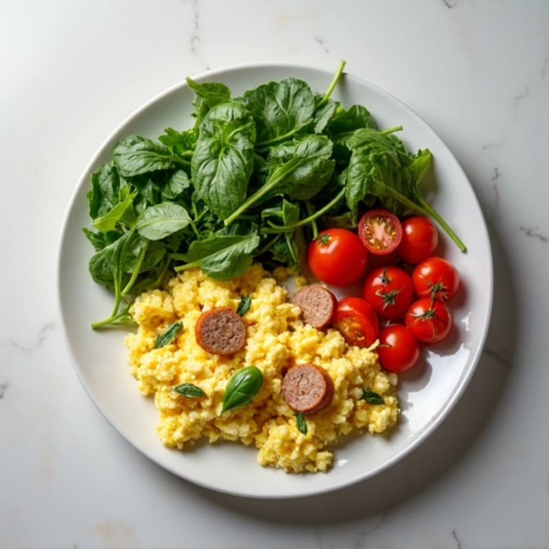 Egg White and Chicken Sausage Scramble with Sautéed Spinach and Side Salad
