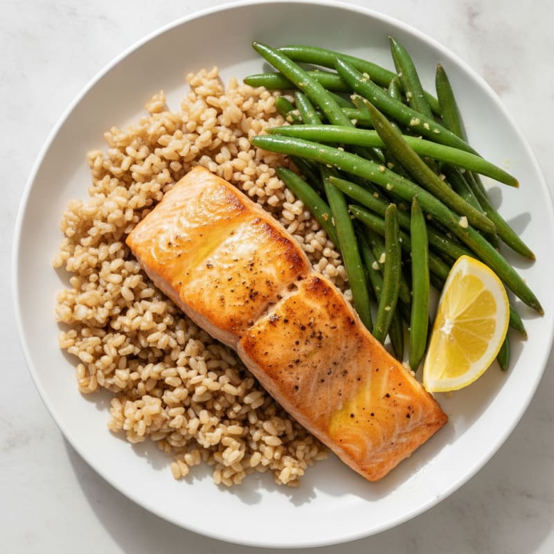 Seared Salmon Fillet with Garlic Green Beans and Brown Rice