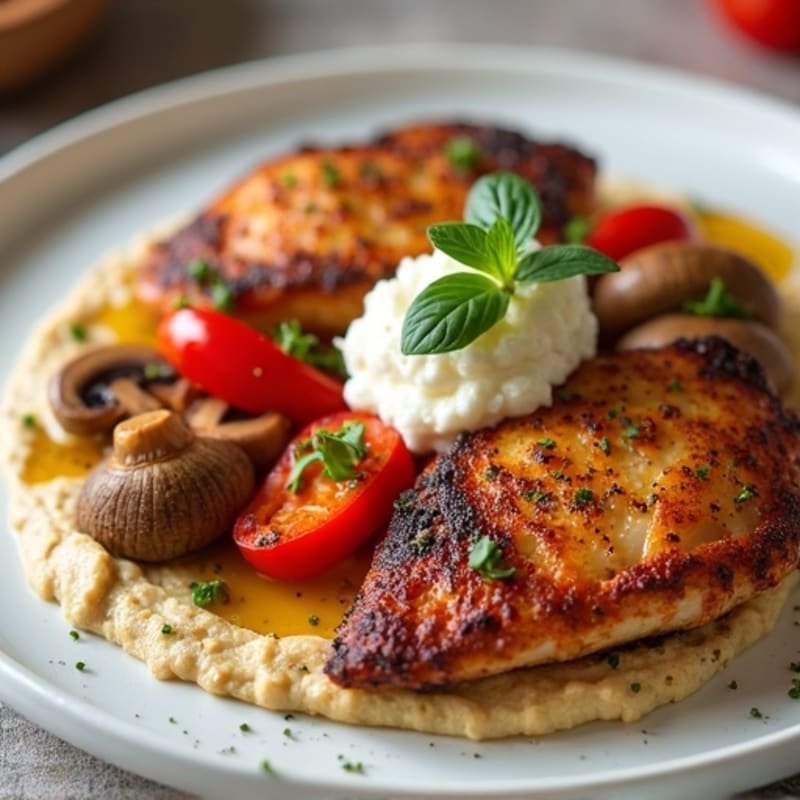 Crispy Pan-Seared Chicken with Roasted Peppers, Mushrooms, and Creamy Hummus