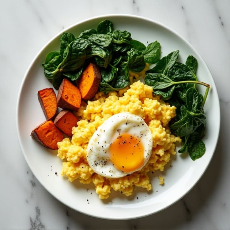 Cottage Cheese Egg White Scramble with Sautéed Spinach and Roasted Sweet Potato