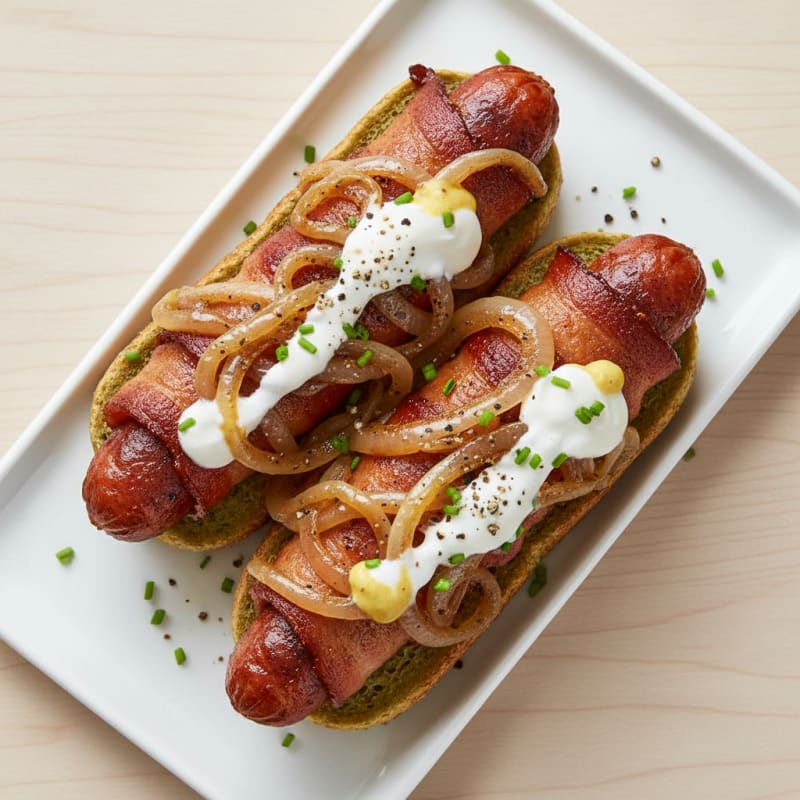 Crispy Bacon-Wrapped Hot Dogs with Caramelized Onions