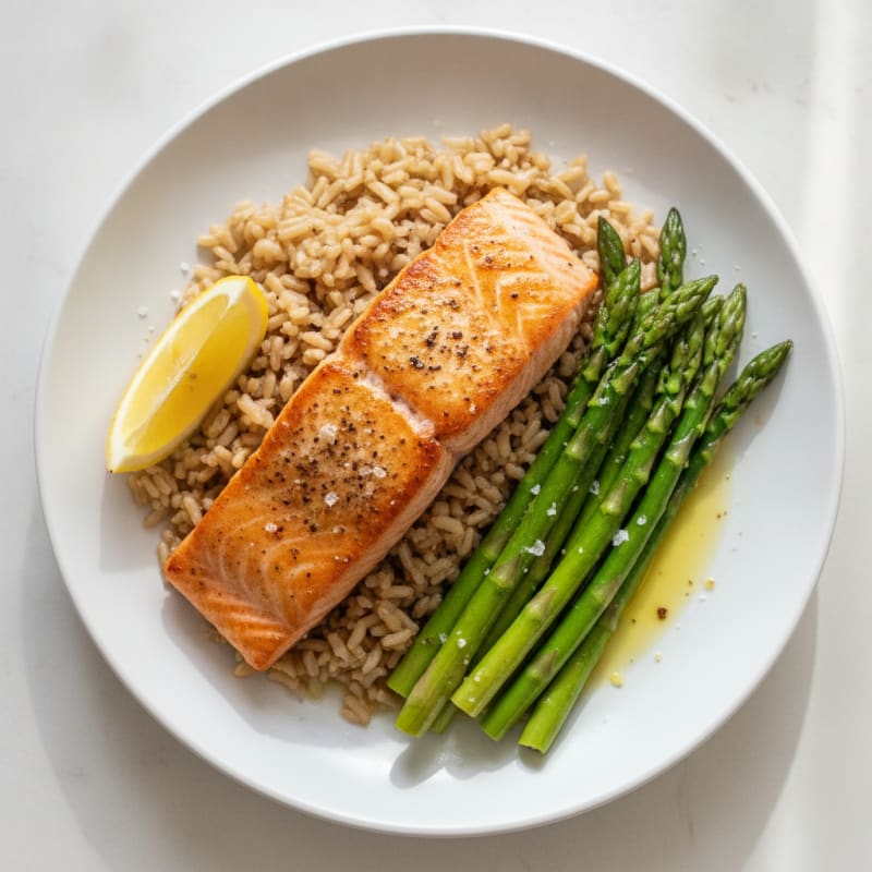 Seared Salmon with Steamed Asparagus and Brown Rice