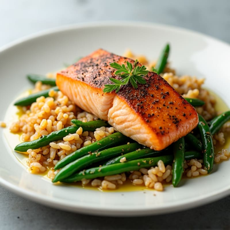 Seared Salmon with Garlic Green Beans and Brown Rice