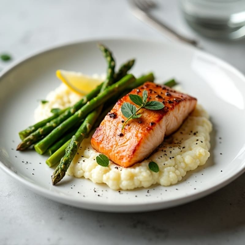 Seared Salmon with Roasted Asparagus and Cauliflower Mash
