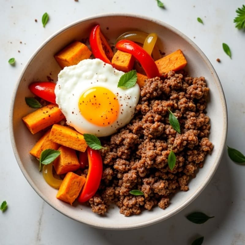 Hearty Spiced Ground Beef with Roasted Sweet Potatoes and Peppers
