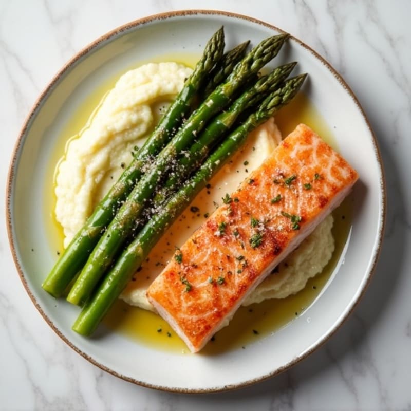 Seared Salmon with Roasted Asparagus and Cauliflower Mash