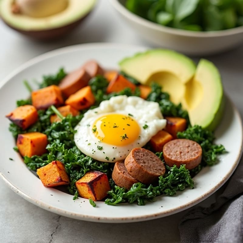 Egg White and Turkey Sausage Scramble with Spinach and Roasted Sweet Potatoes