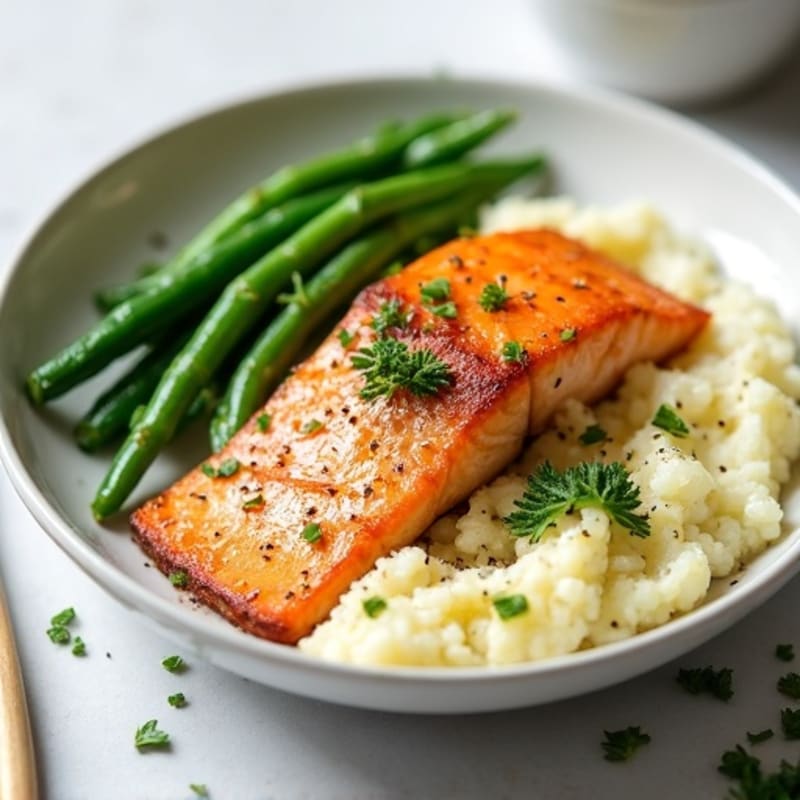 Seared Salmon with Garlic Green Beans and Cauliflower Mash