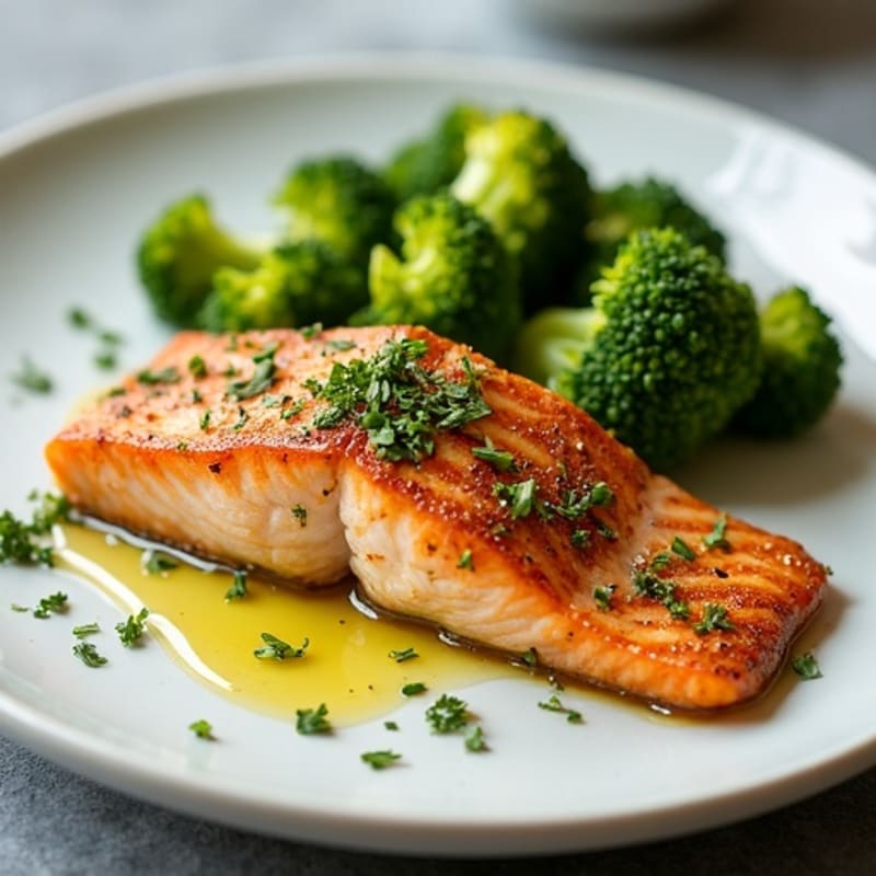 Herb-Crusted Pan Seared Salmon with Garlic Roasted Broccoli