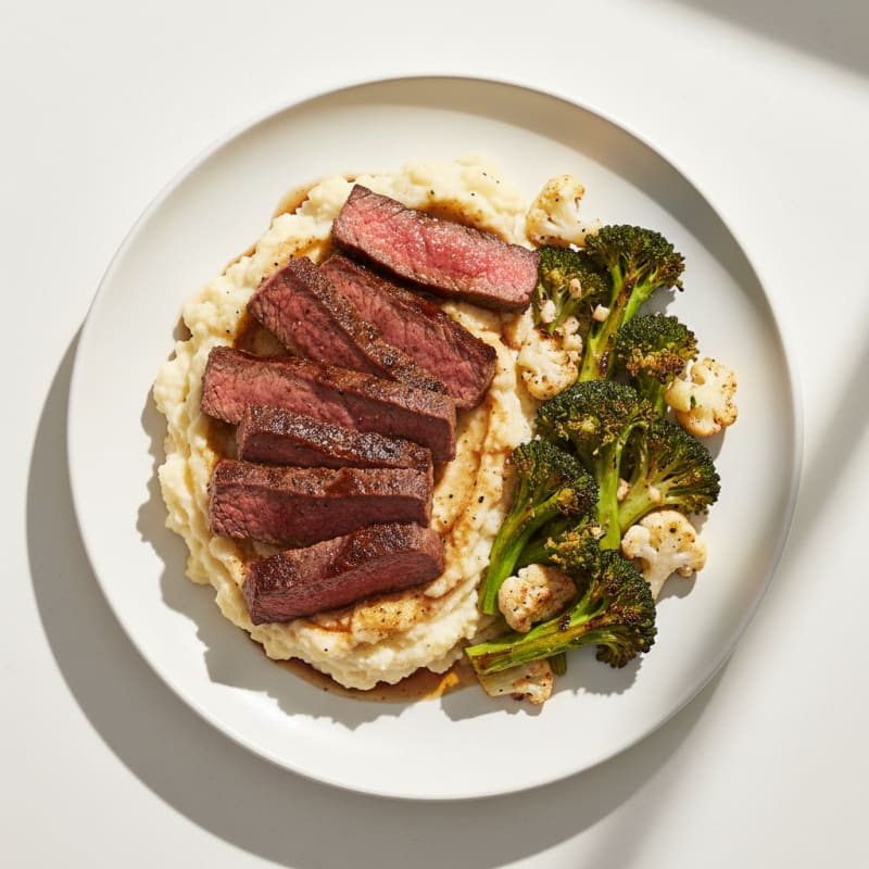 Seared Lean Beef Strips with Roasted Broccoli and Cauliflower Mash