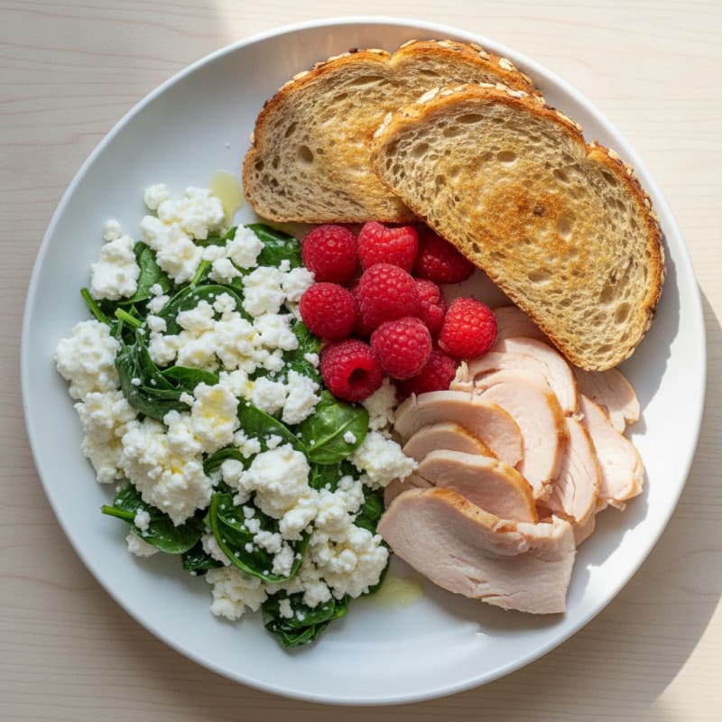 Egg White and Spinach Scramble with Cottage Cheese and Sliced Turkey