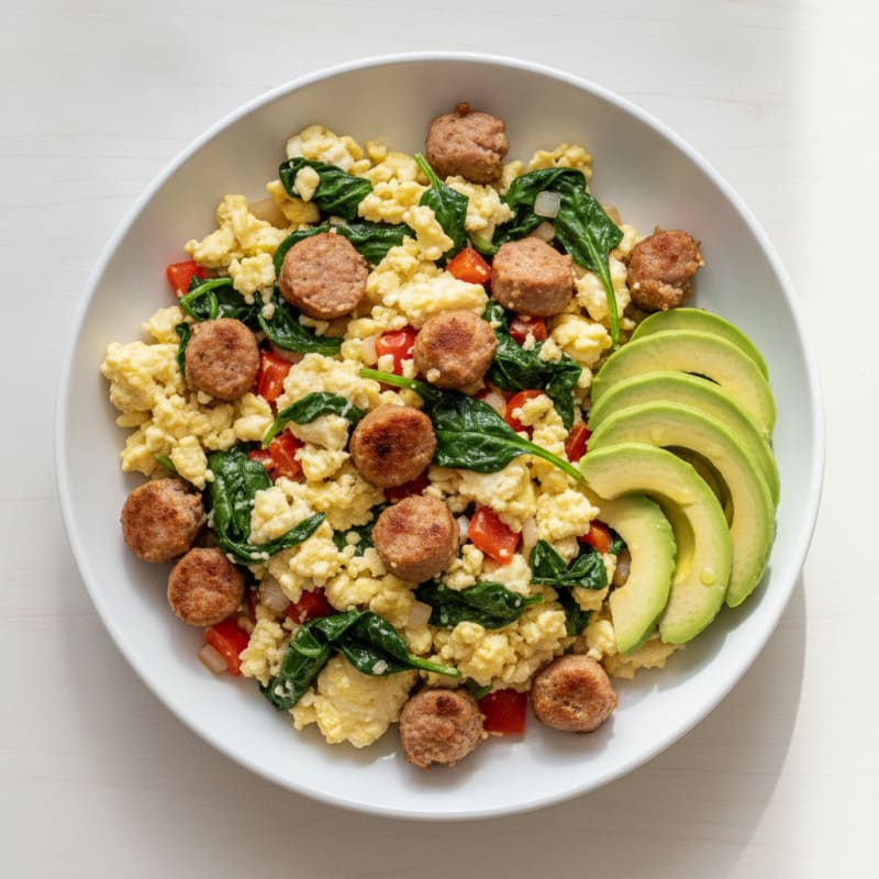 Egg White Scramble with Turkey Sausage and Sautéed Spinach