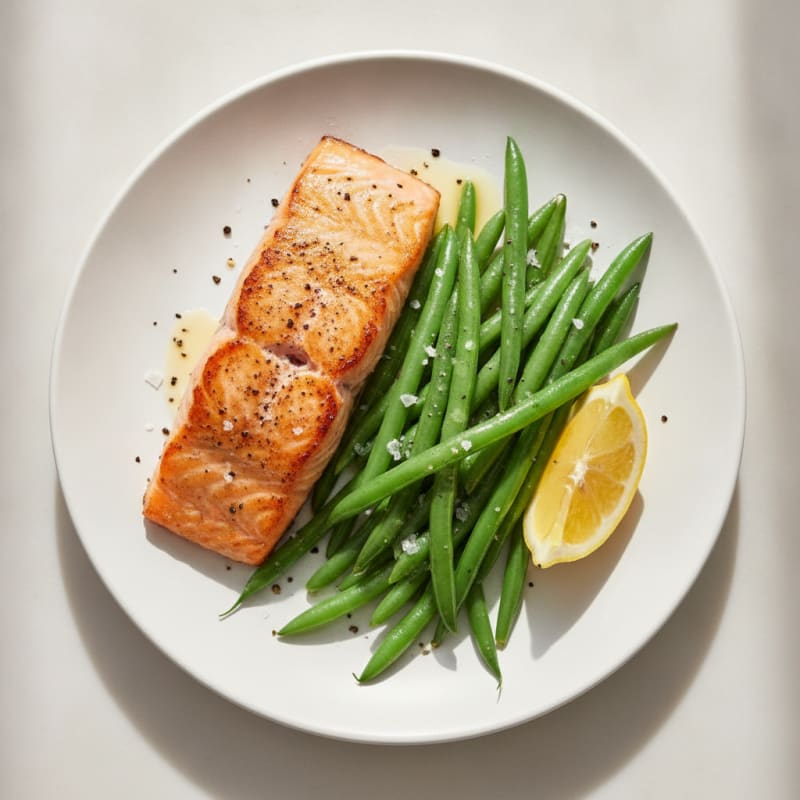 Seared Salmon with Steamed Green Beans and Lemon