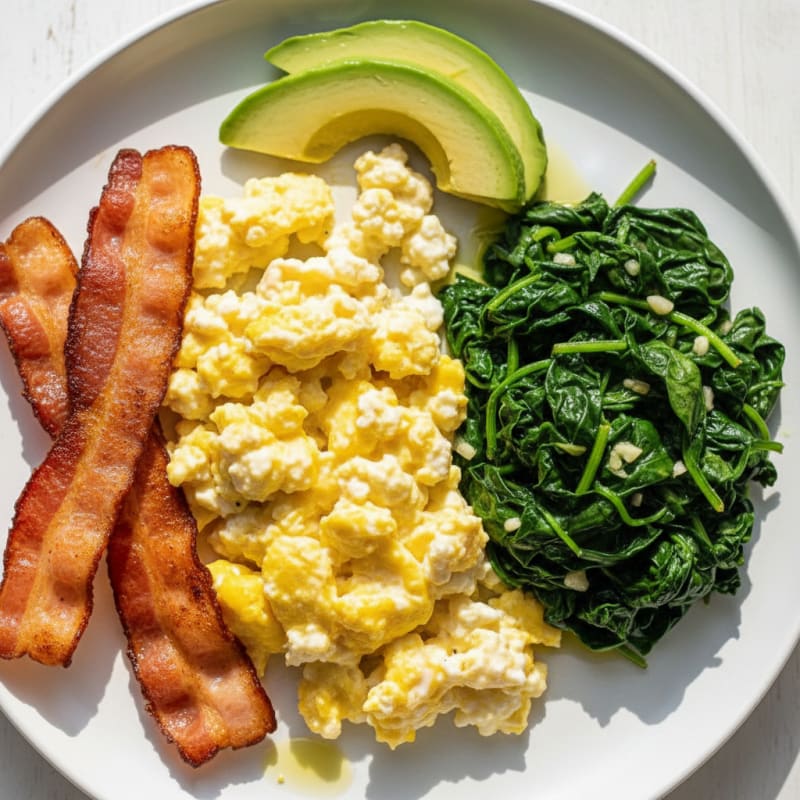 Cottage Cheese Scramble with Turkey Bacon and Sautéed Spinach