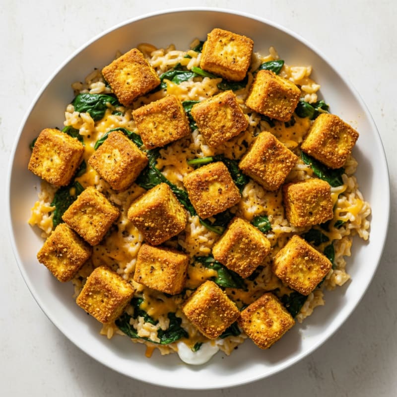 Golden Crispy Tofu with Cheesy Rice Skillet