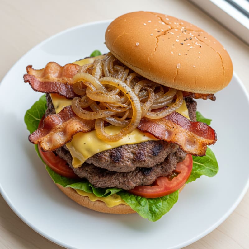 Double Bacon Cheeseburger with Caramelized Onions