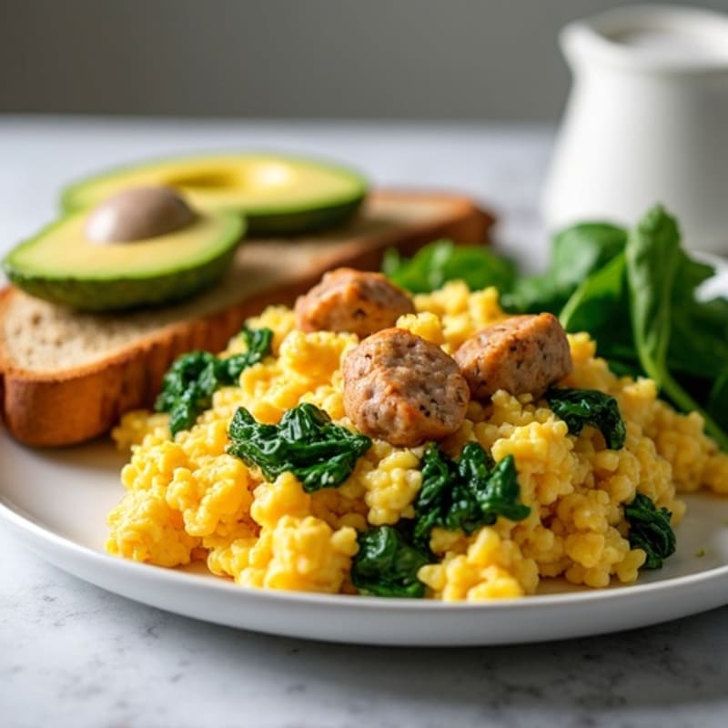 Egg White and Turkey Sausage Scramble with Sautéed Spinach