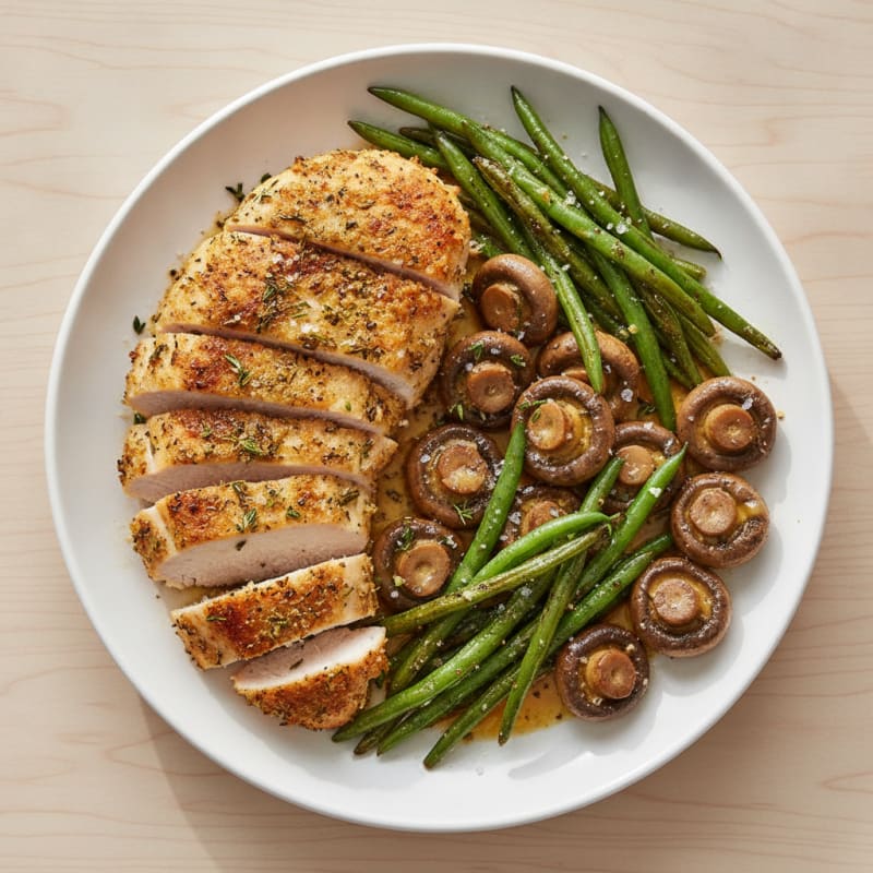 Garlic Butter Roasted Mushrooms with Herb-Crusted Chicken