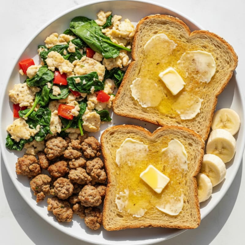 Egg White and Vegetable Scramble with Turkey Breakfast Sausage and Toast