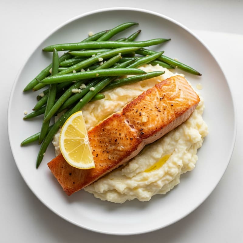 Seared Salmon with Creamy Cauliflower Mash and Sautéed Green Beans