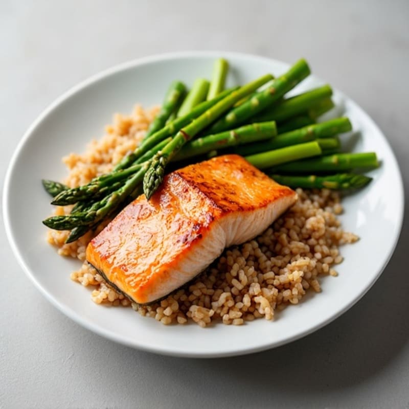 Seared Salmon Fillet with Steamed Asparagus and Brown Rice