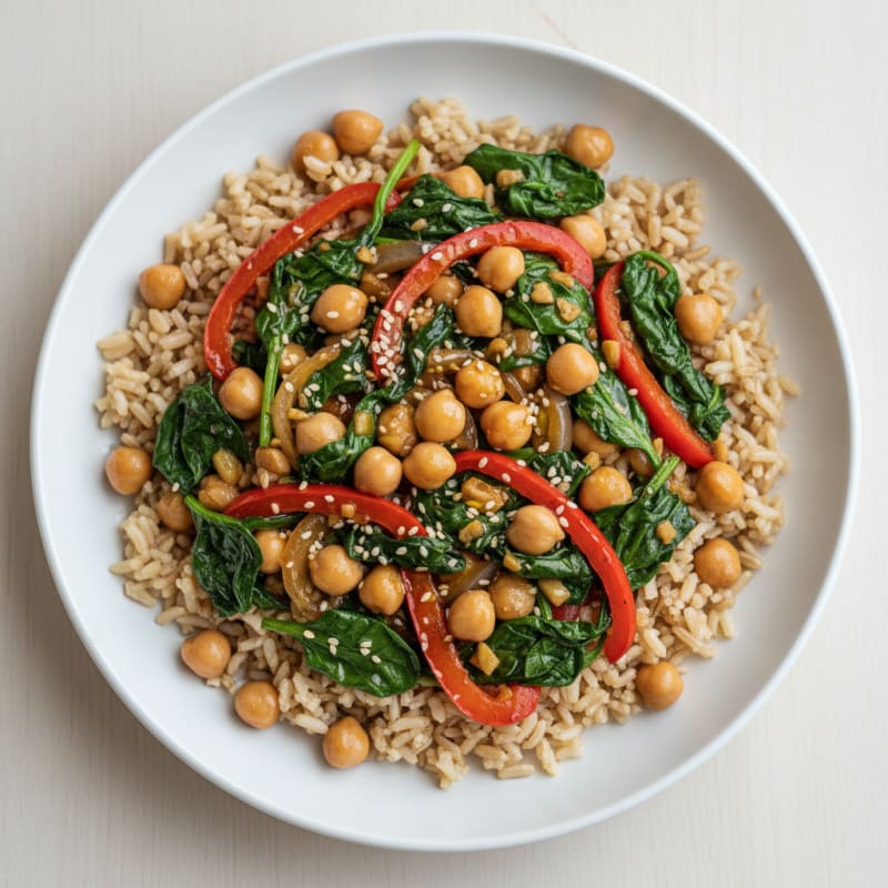 Chickpea and Spinach Stir-Fry with Brown Rice