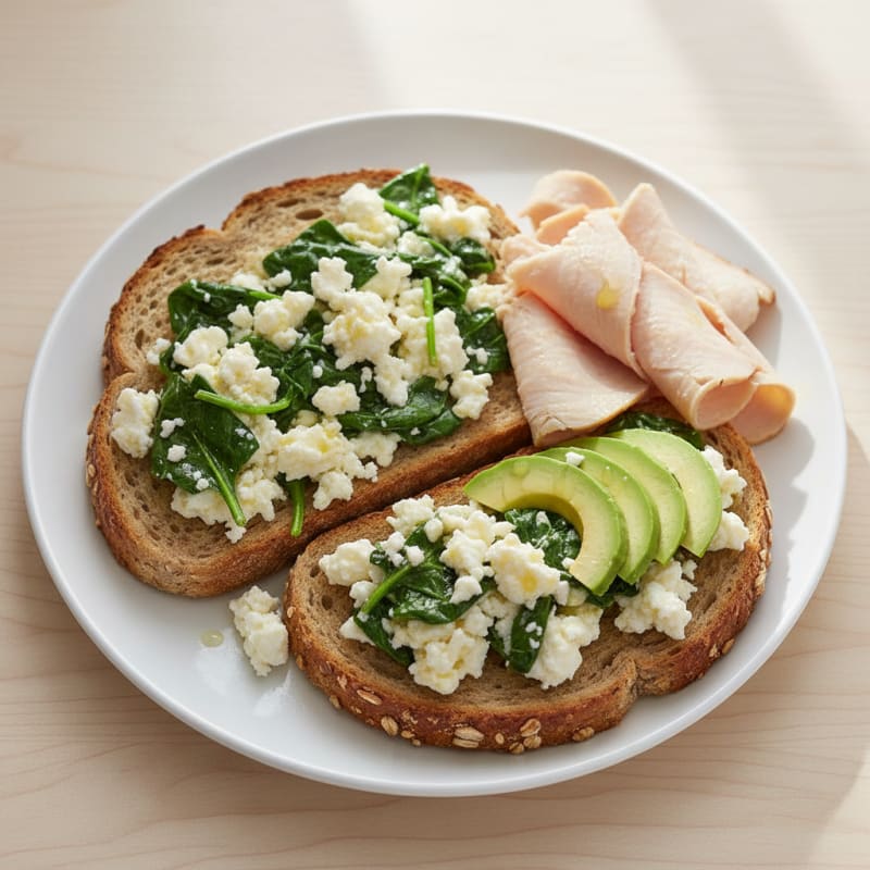Egg White and Spinach Scramble with Cottage Cheese and Sliced Turkey