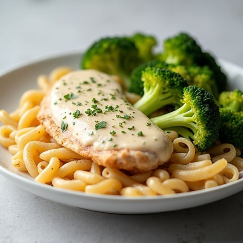 Creamy Chicken Alfredo with Roasted Broccoli and Whole Wheat Pasta